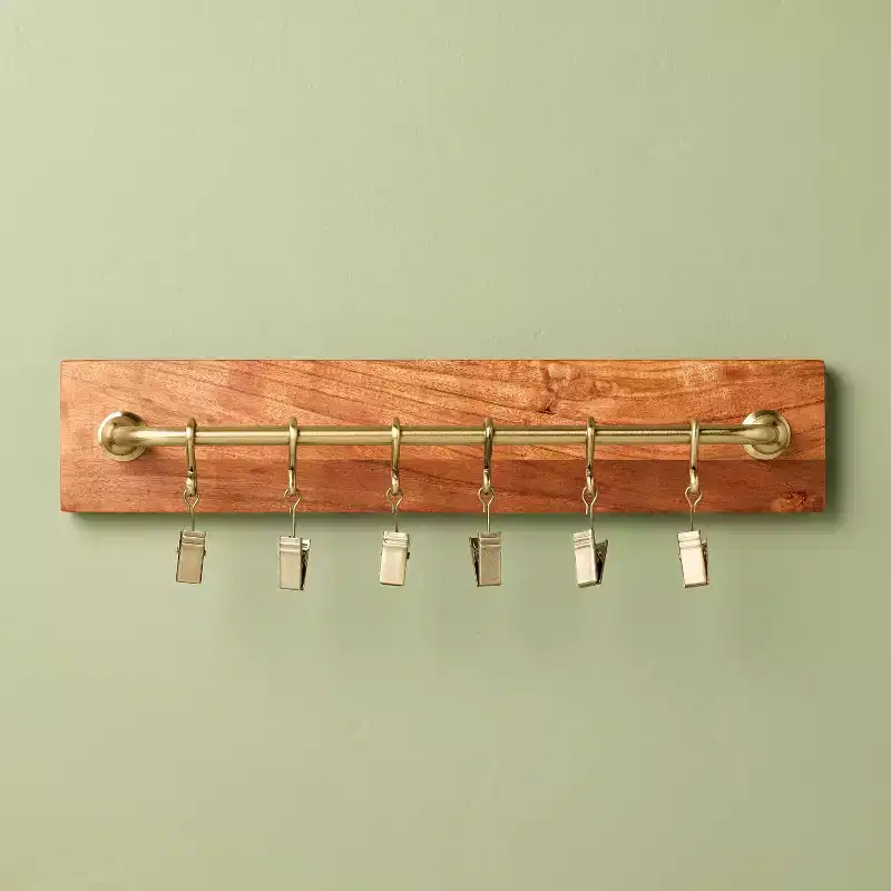 Brass and Wood Wall Rail with 6 Clips, Acacia Frame, Wall Mountable Organizer