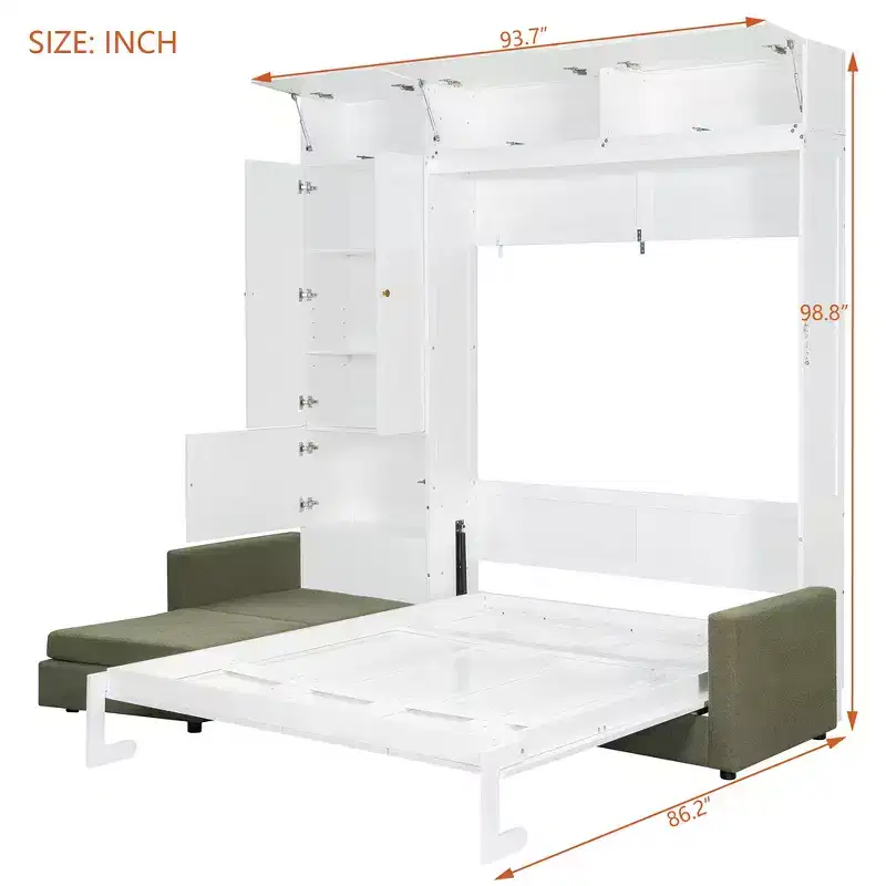 Queen Murphy Wall Bed with Beige Sofa and Shelves, Green Panel
