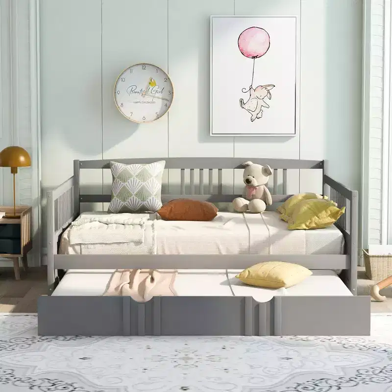 Full Size Daybed with Twin Trundle, Wood Platform Bed Frame with Guardrails, No Box Spring, Gray