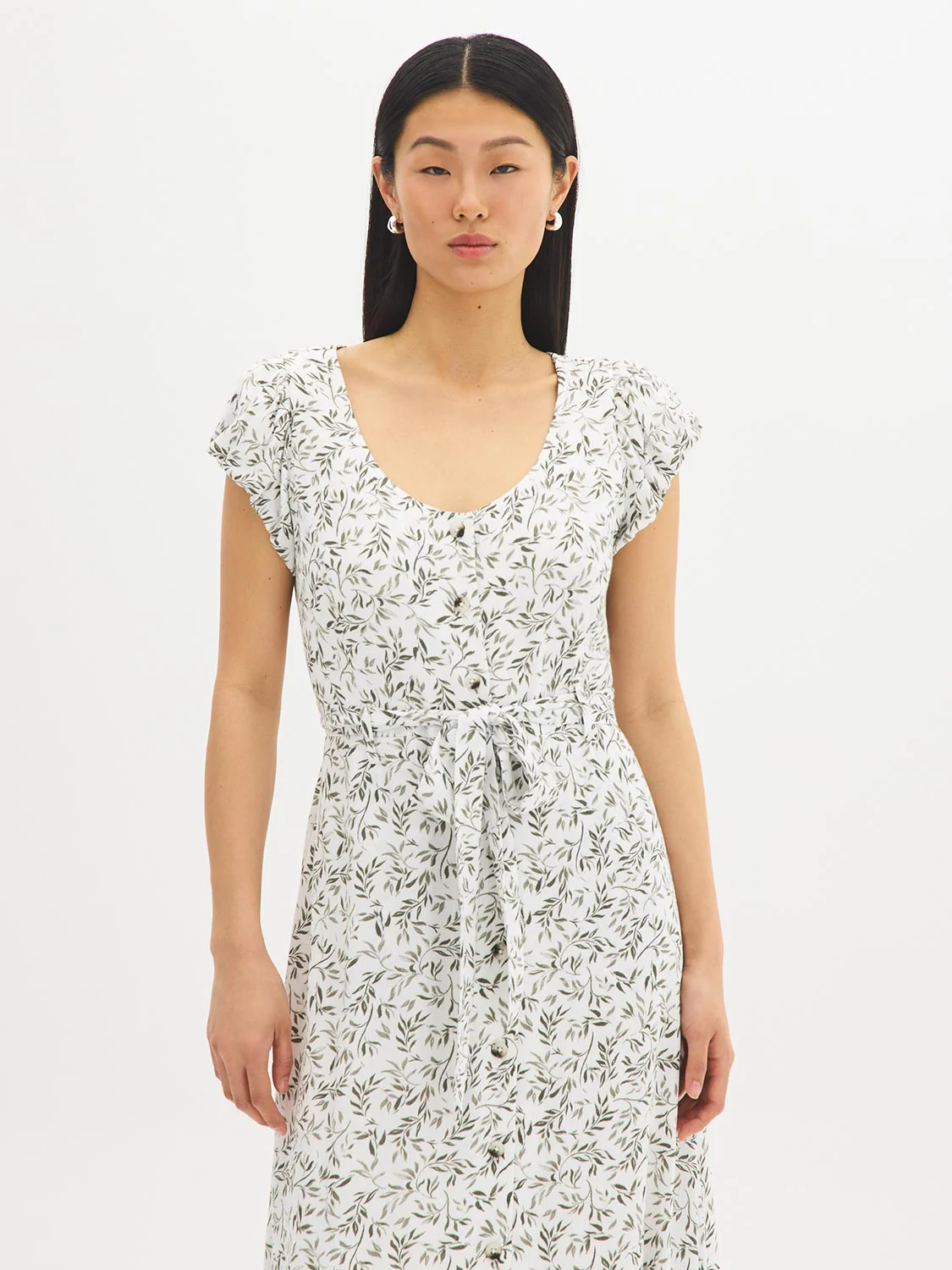 Leaf Print Button-Front Midi Dress
