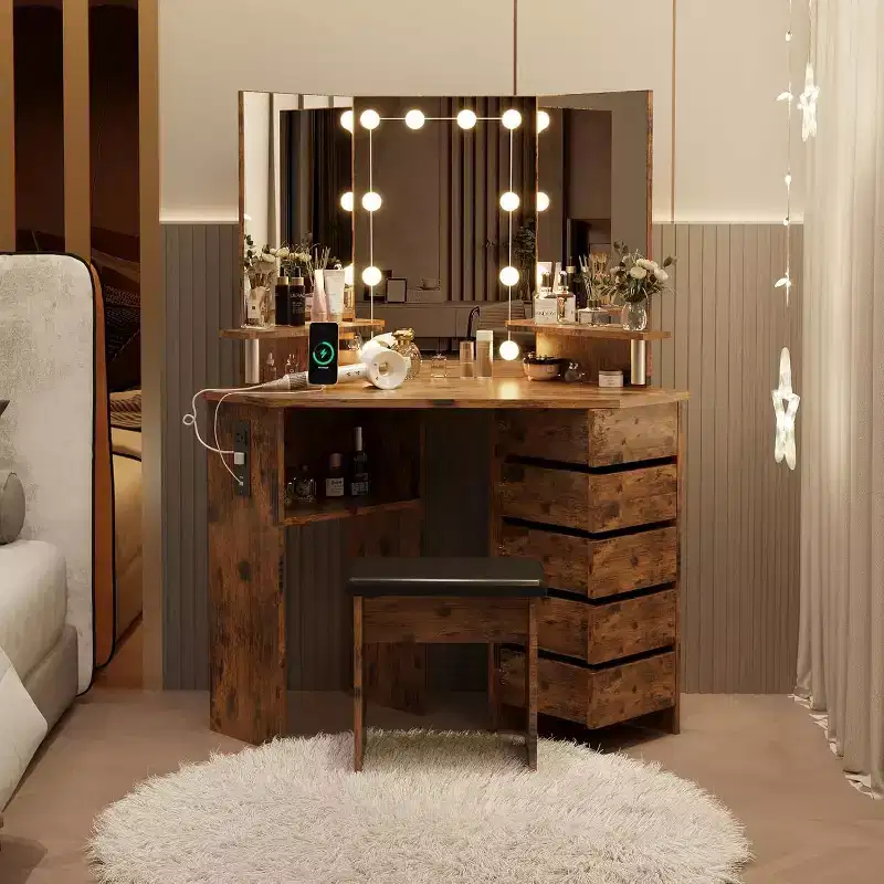 Makeup Vanity Desk - Vanity Desk Set with Lights & Power Outlet Corner Vanity Table with 5 Rotating Drawers 3 Lighting Mode