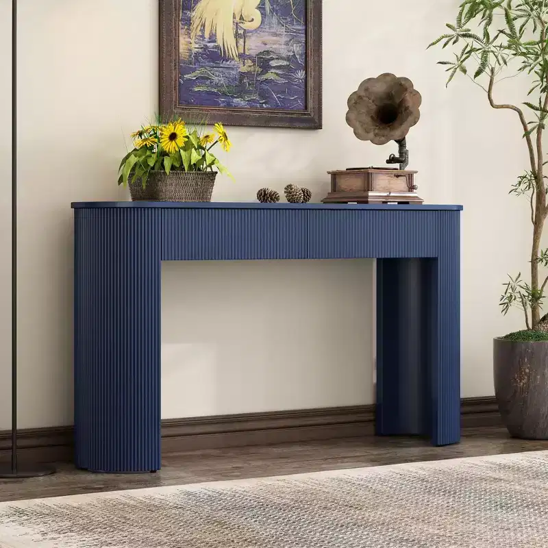 Okak 54IN Modern Console Table with Fluted Design, Entryway Table with 2 Storage Drawers and Oval Top, Accent Table for Hallway, Living Room, Navy