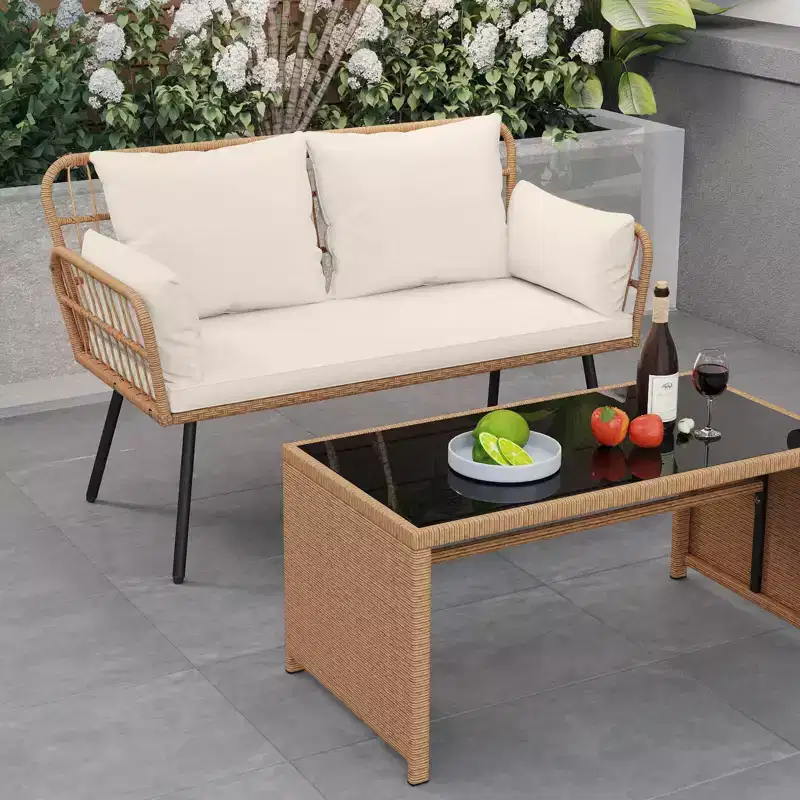 Costway Patio Wicker Loveseat Furniture with Seat Back Cushions, Heavy-Duty Metal Legs Off-White/Black