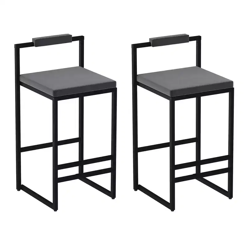 Velvet Upholstered Bar Stools Counter Height With Footrest Backrest Modern Dining Chairs Black Gray