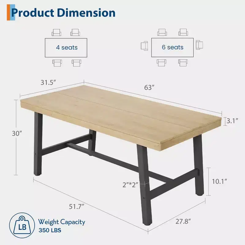Industrial Dining Table for 4-6 People, 63 Long Wooden Kitchen Table with Sturdy Metal Frame & Rustic Brown Finish - Seats 4 Rectangular Counter