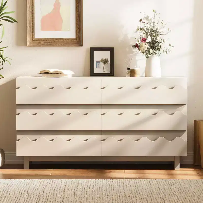 Whisen 60 Length 6-Drawer Modern Dresser with Wave Front Design, Anti-Tip Wide Storage Chest for Bedroom