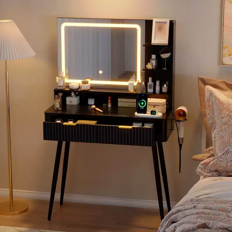 LED Vanity Desk with Mirror and Lights, Dressing Table with 2 Drawers & Charging Station