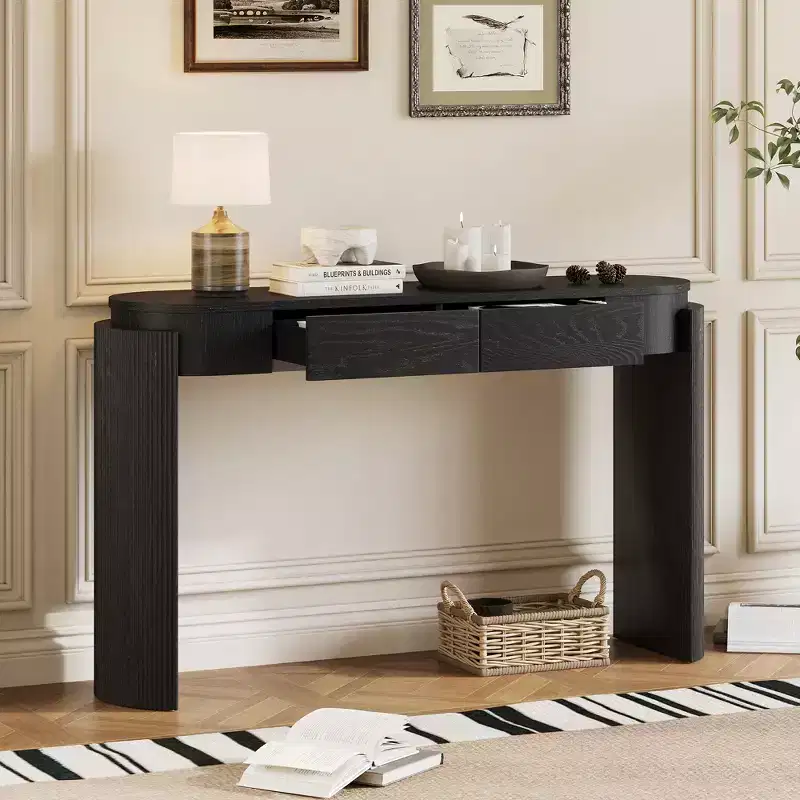 MDF Plywood Oval-Top Console Table with 2 Hidden Drawers 55.1