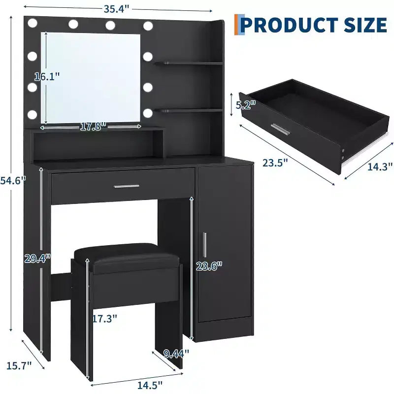 Makeup Vanity Desk with Adjustable LED Mirror, Charging Station, Drawer & Cabinet, Compact Set with Stool for Bedroom Living Room