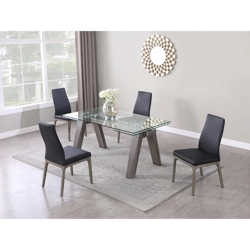 Extendable Glass Top Dining Table with Solid Wood Legs