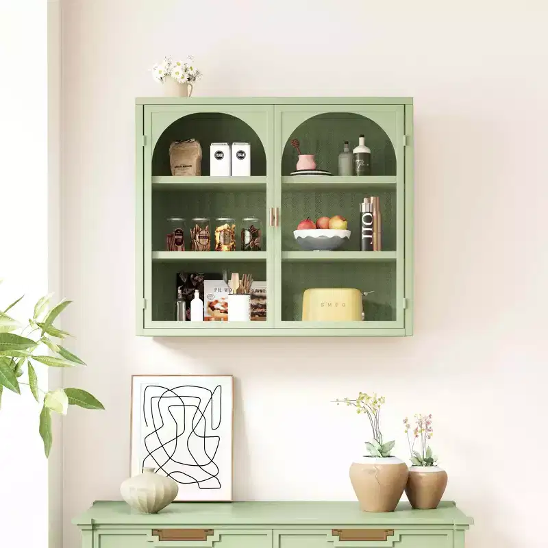 MAYEERTY 27.56 Glass Doors Modern Two-door Wall Cabinet with Featuring Three Tiers Storage Woven Pattern for Bathroom Living Room Green