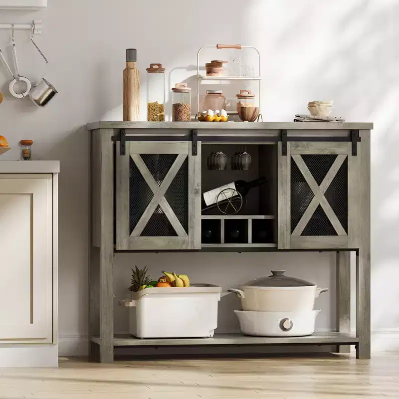 CuisinSmart Kitchen Buffet Sideboard, Wine Bar Cabinet with Sliding Barn Door, Coffee Cabinet with Wine Rack, for Living Room Dining Room