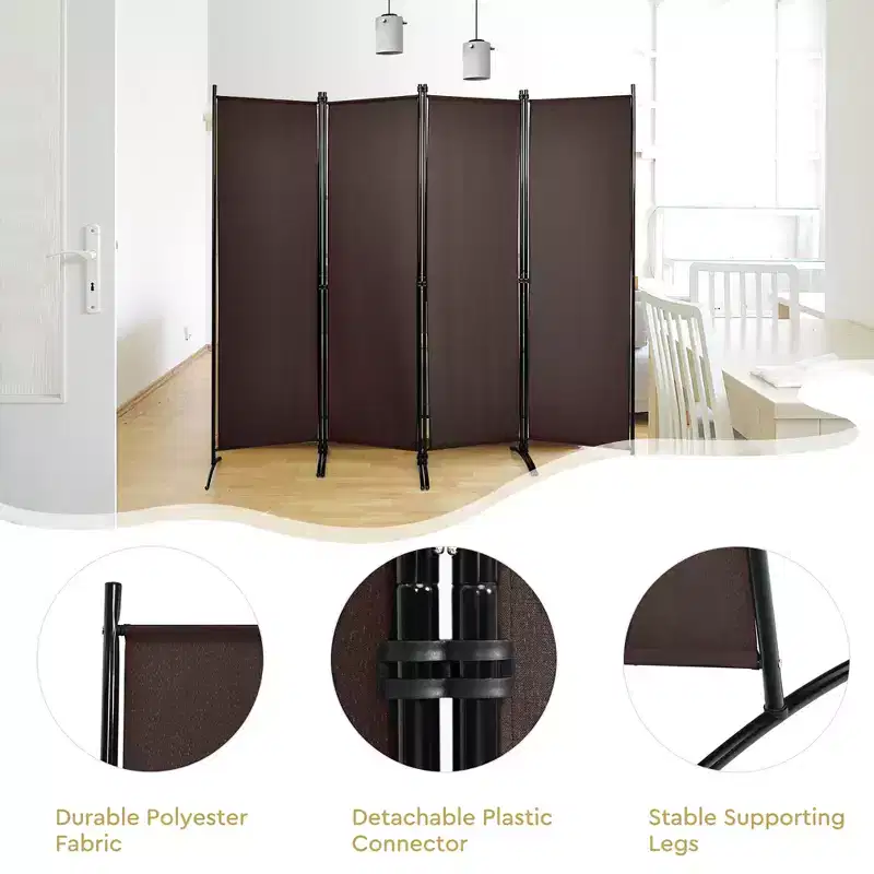 4-Panel 5.6ft Room Divider Folding Fabric Privacy Screen with Steel Frame White/Black/Brown