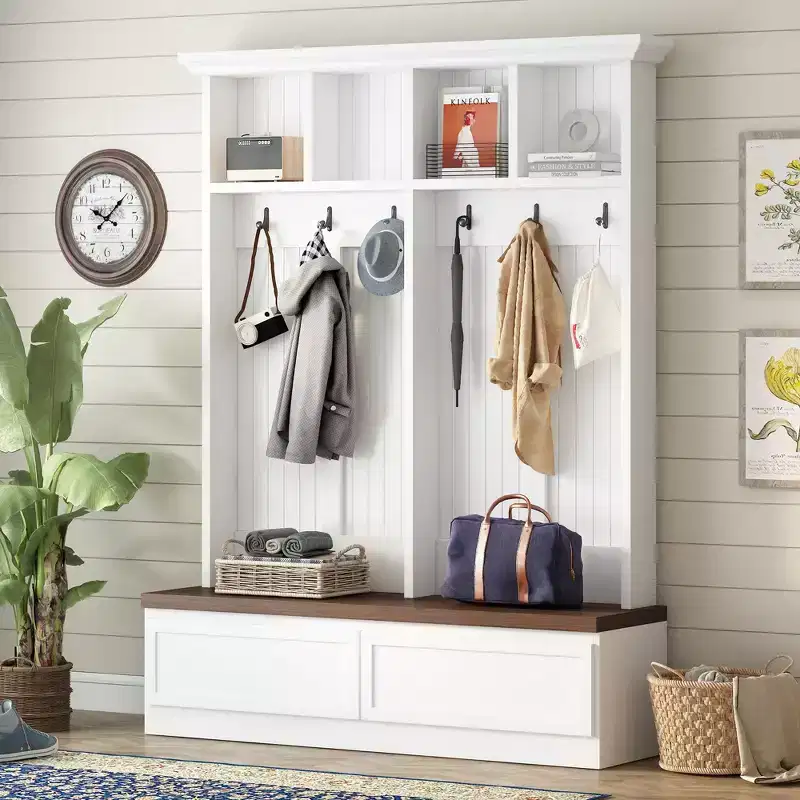 Farmhouse Hall Tree with Wood Grain Bench, Versatile Storage Rack with 2 Large Drawers, Entryway Storage for Hallway, Living Room, White+Walnut