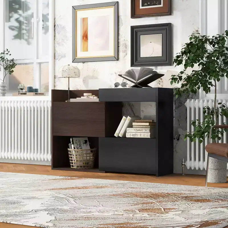 32.5''-58.8'' Extendable & Rotating Shoe Cabinet with Drawer, 90-Degree Corner Storage Cabinet for Entryway & Living Room, Black+Walnut - ModernLuxe