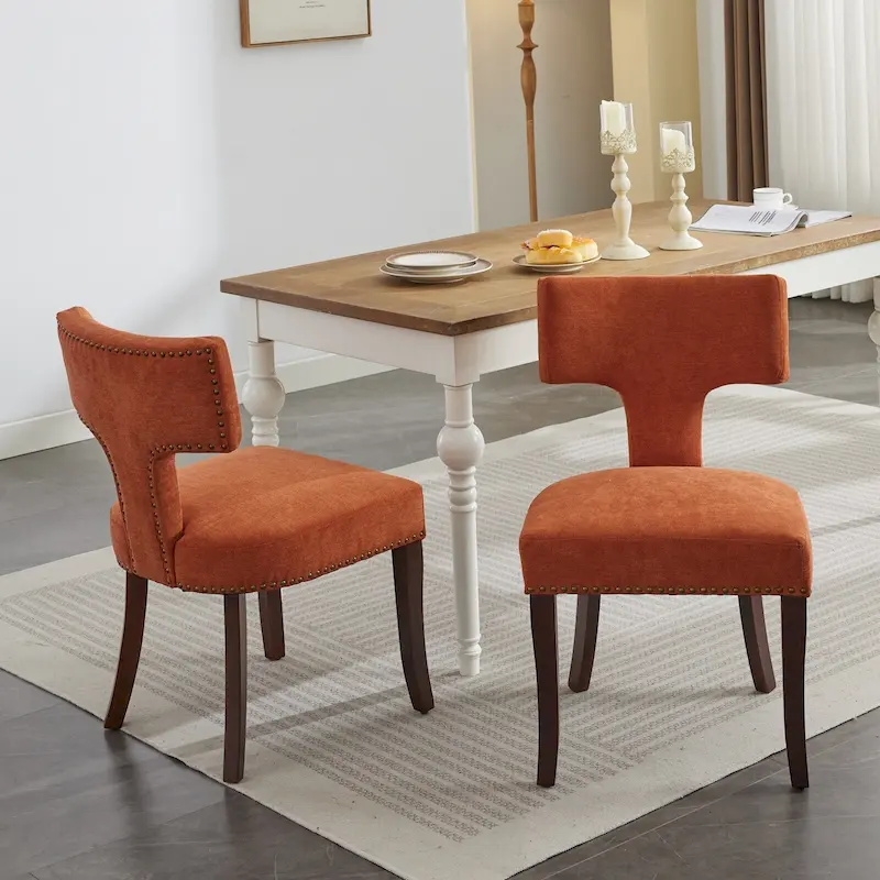 Modern Dining Chairs Set of 2, Linen Fabric Upholstered Accent Chair Curved Backrest Kitchen Chairs with Rubberwood Frame