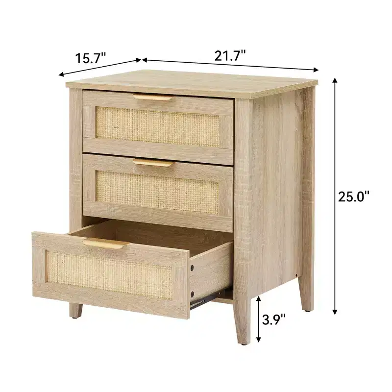 Rattan Nightstand, Boho Bedside Table with 3 Drawers Storage and Starage Shelf, Bedside Table with Sturdy Wood Legs for Kids' Room Farmhouse, Bedroom