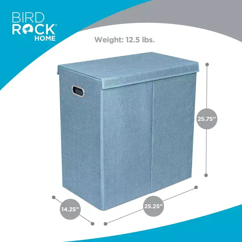 BirdRock Home Double Linen Laundry Hamper with Lid and Removable Liner - Light Blue