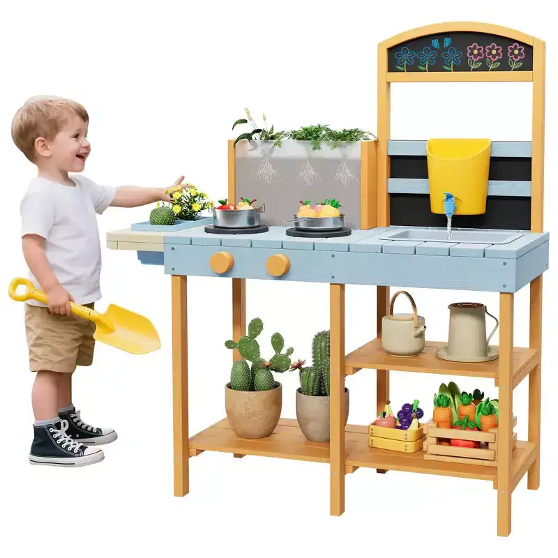 Mud Kitchen for Kids Outdoor Play Kitchen with See Through Planter Box & 2 Side Plant Pots Storage Shelves  Pretend Stove Ideal Gift for Kids 3-8