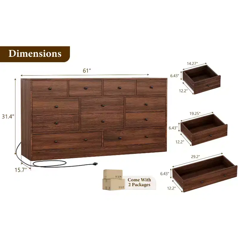 COZONY 12 Drawer Dresser for Bedroom, 61 Wooden Chest of Drawers, Tall Modern Dresser with Metal Rails, Large Storage for Living Room, Hallway