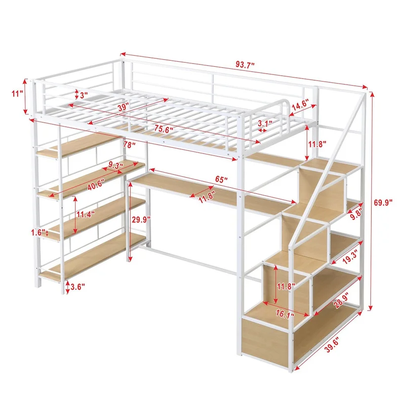 MERAX Twin Size Metal Loft bed with Staircase, Desk and Shelves