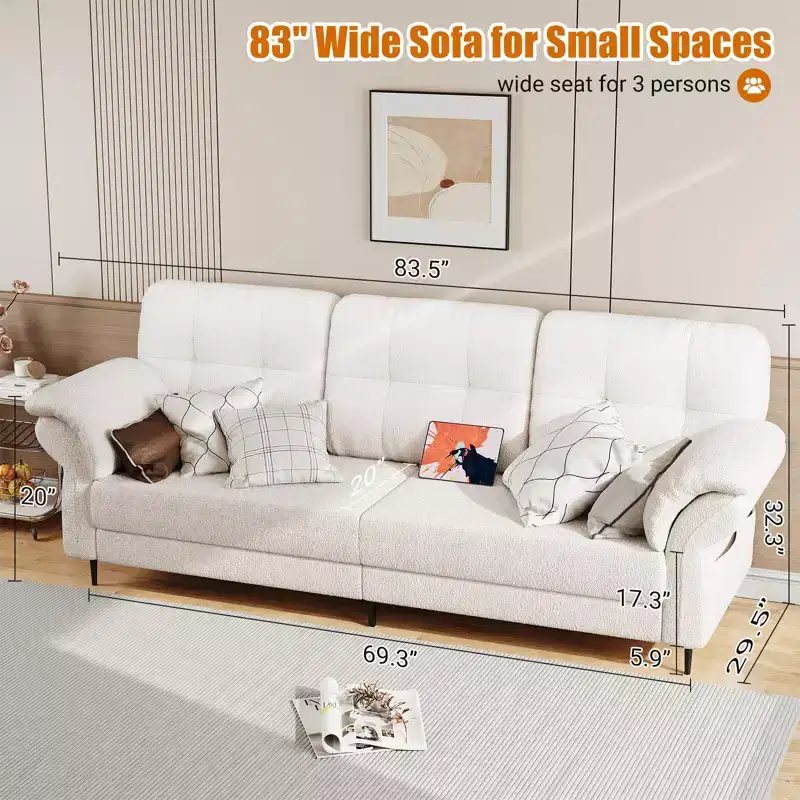 GustoWave 84'' Teddy Velvet Sofas for Living Room with Curved Armrests, Minimalist 3-seater Sofa with Convenient Side Pockets