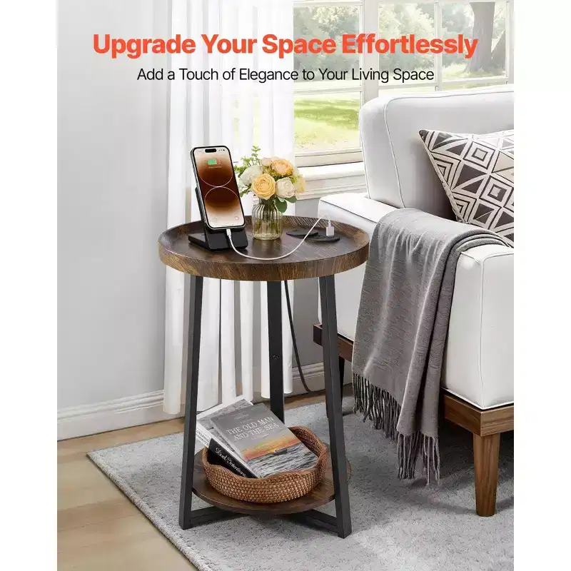 Round 2-Tier End Table with USB & AC Charging Port – Metal Frame, 66 lb Capacity, Industrial Style