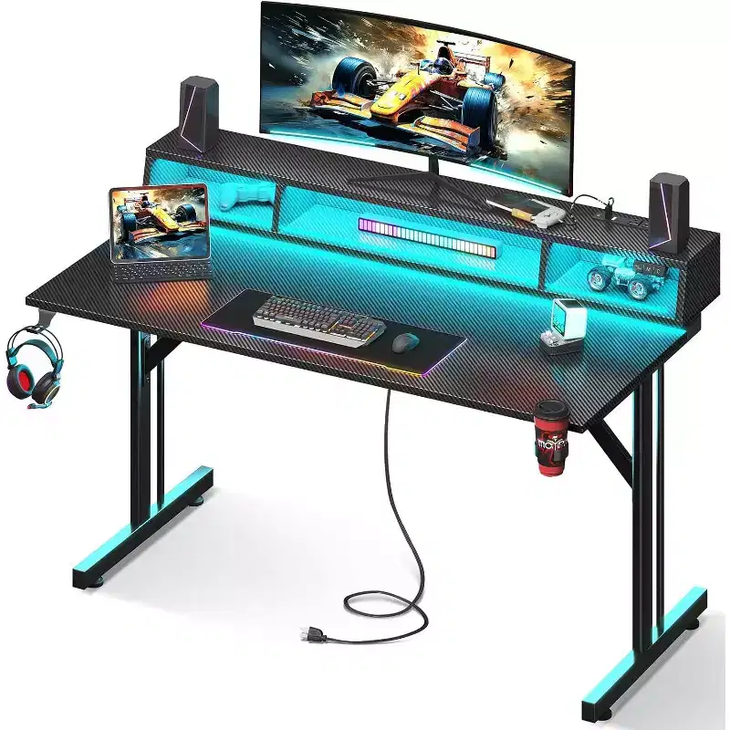 48 inch LED Gaming Desk with Power Outlets Small Computer Table Float Monitor Stand