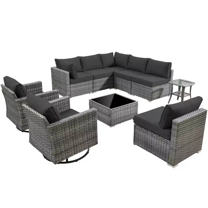 Ovios Venice 10pc Wicker Outdoor Patio Furniture Set Conversation Sofa Sectional with a Swivel Chair and Cushions