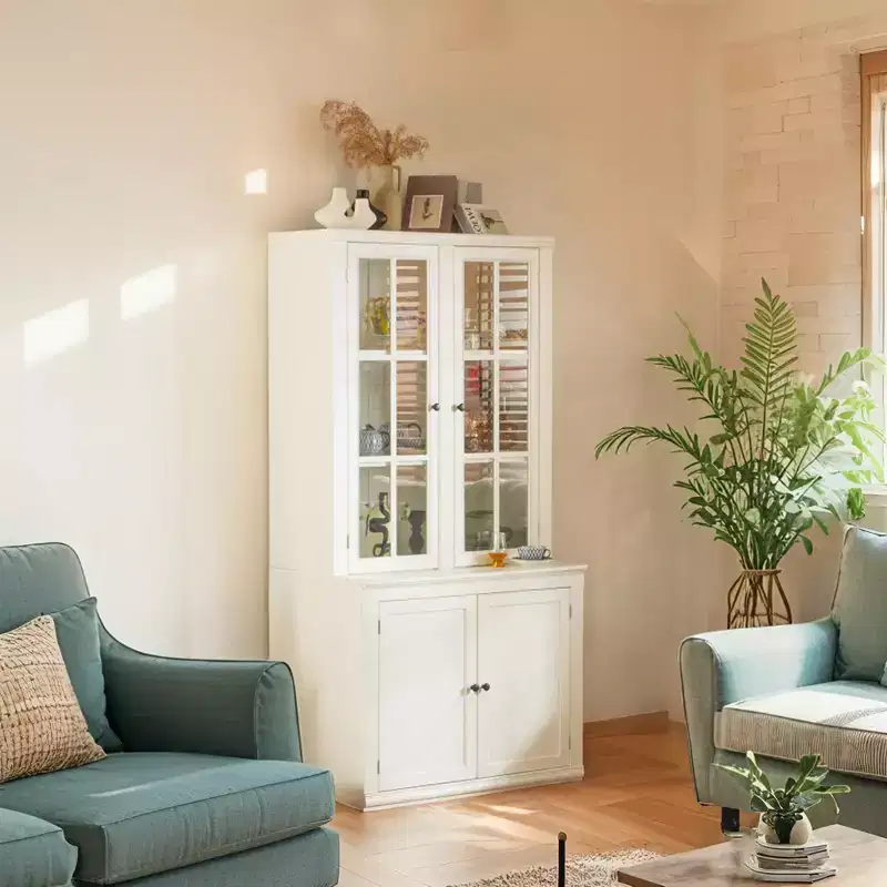 White Farmhouse Freestanding Display Cabinet with Lattice Glass Doors, 4-Door, 1-Person Assembly