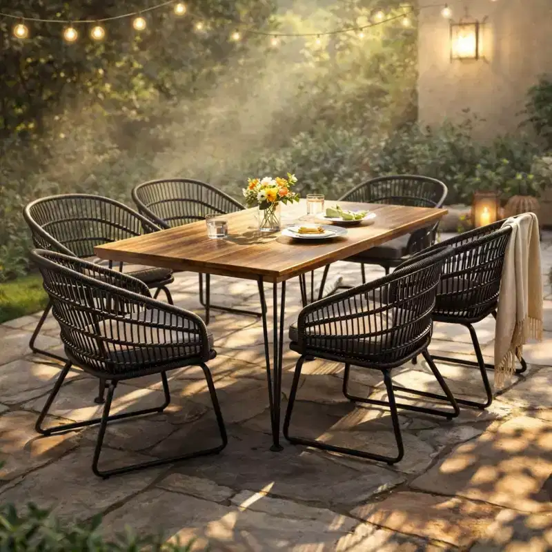 Christopher Knight Home Liz Transitional 7 Piece Outdoor Acacia Wood Slatted Dining Table with Rattan Cushioned Chairs