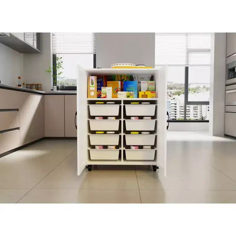 Farmhouse Kitchen Island with 2 Cabinet Doors, Kitchen Cart with Ample Storage Space, Kitchen Island On Wheels for Kitchen, Dining Room, White
