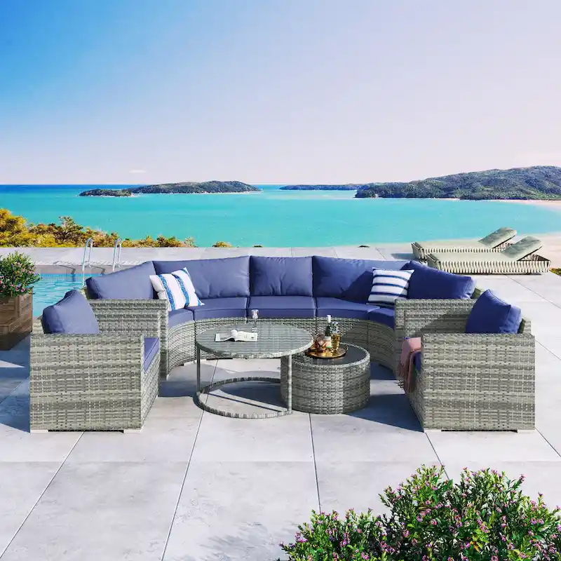 9-Piece Half-Moon Sectional Set with Nesting Table & Armchairs