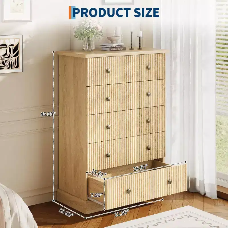Fluted 5-Drawer Tall Dresser, Modern Vertical Storage Chest for Bedroom, Slim Wood Dresser with Metal Handles for Small Spaces & Apartments