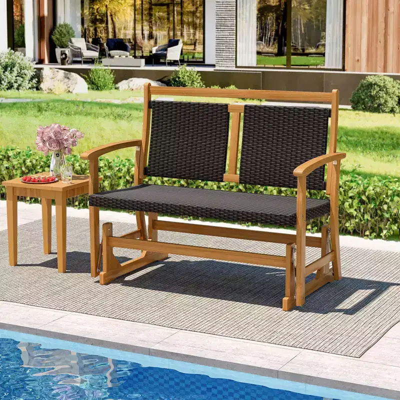 Costway Patio Rattan Glider Bench Swing Gliding Rocker for 2 w/ Acacia Wood Frame