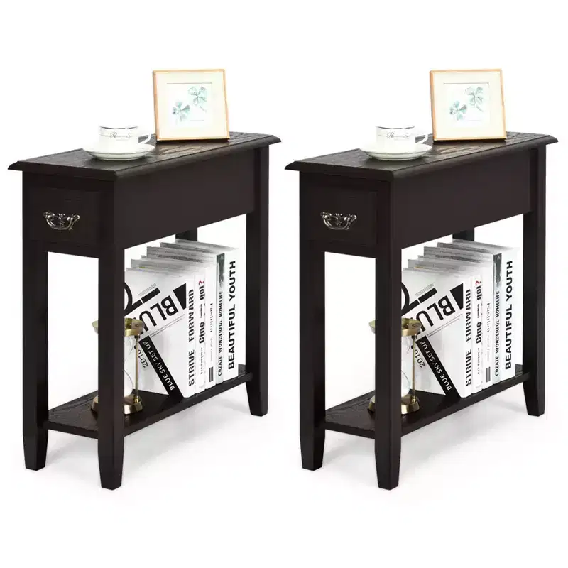 Costway Set of 2 Nightstand 2 Tier End Bedside Sofa Side Table w/Drawer &Shelf Espresso