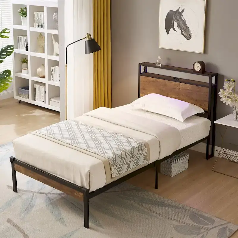 Twin Size Metal Platform Bed with Wooden Headboard & Footboard | USB Charging Port