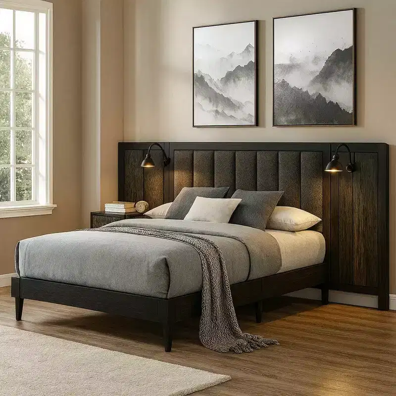 Queen Size Bed with Dark Brown Wood Frame, Upholstered Headboard and Integrated LED Light