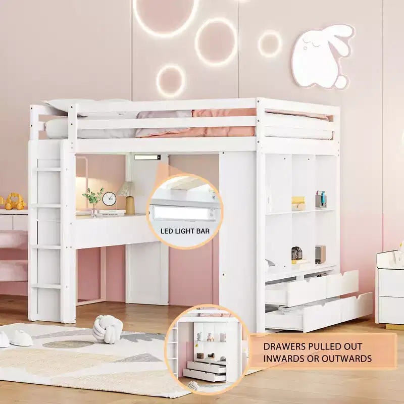 Bellemave Full Size Loft Bed with large shelves, writing desk and LED Light, White