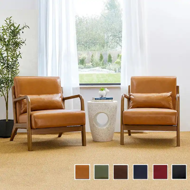 Glitzhome Set of 2 30.75H Mid-Century Modern PU Leather Accent Chairs with Cushion - 25.75W x 33.75D x 30.75H