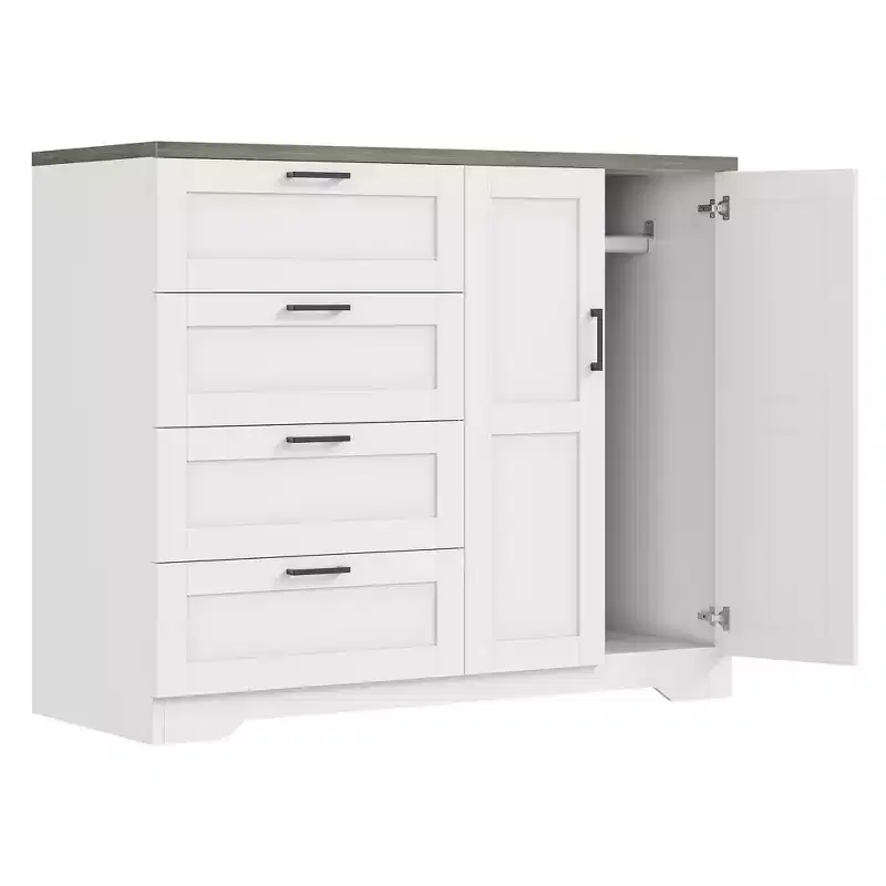 Wooden Dresser with 4 Drawers and Hanging Rod for Bedroom, 43.3'' H 2 Door Wardrobe Closet, Low Storage Cabinet for Hanging Cloth