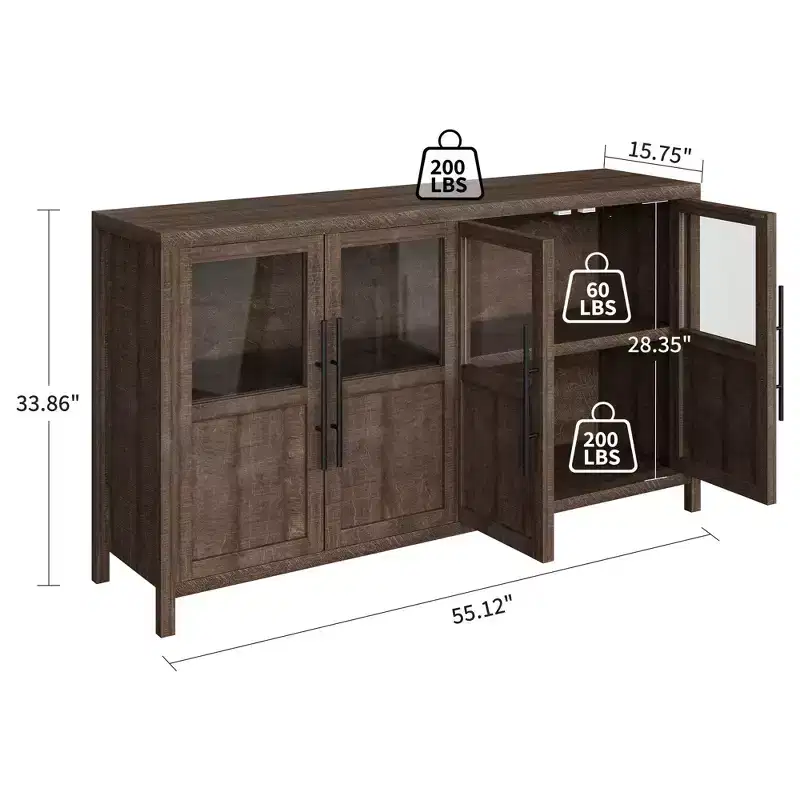 Modern Farmhouse 55 Sideboard Cabinet with 4 Glass Doors, Natural Wood Buffet Storage with Display Shelf for Kitchen, Dining and Living Room