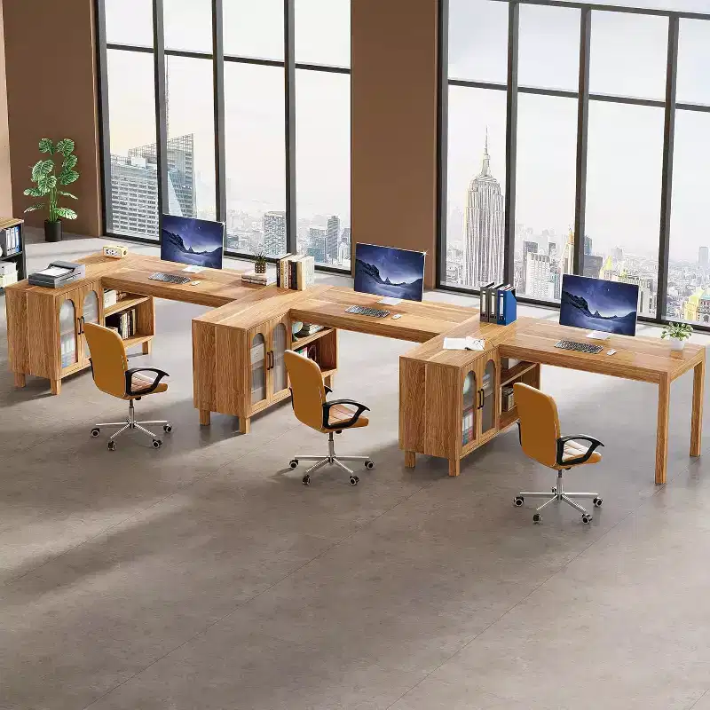 L-Shaped Computer Desk, 59-inch Executive Desk with Cabinet, Office Corner Desk Workstation, Brown