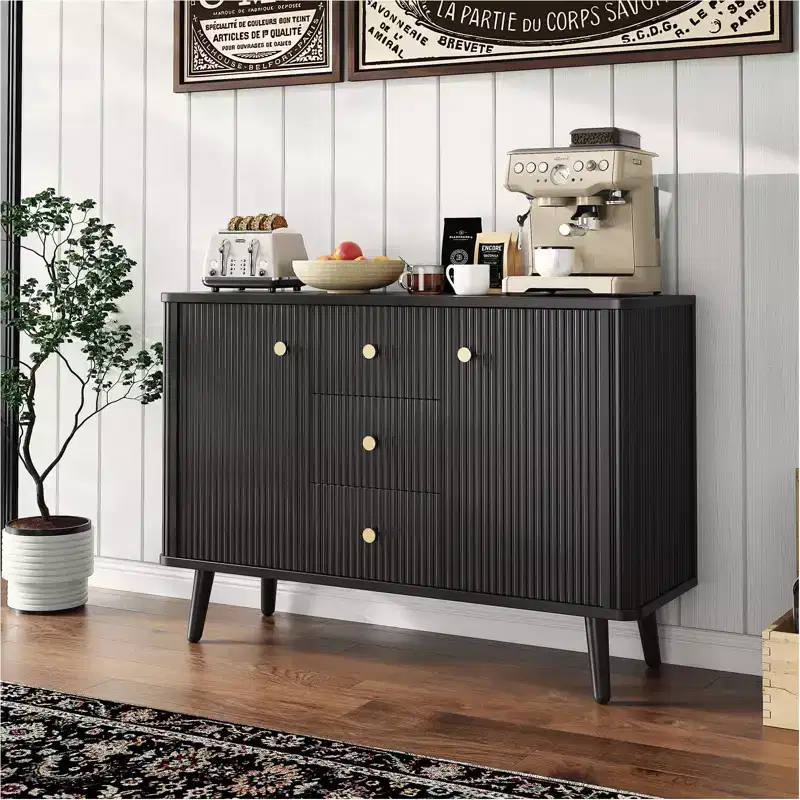 47 in Modern Fluted Sideboard Buffet Cabinet with 3 Drawers, Slim Kitchen Storage Cabinet, Wood Coffee Bar Station for Dining Room Living Room
