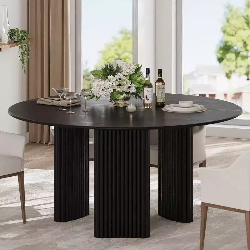 PexFix 60 Modern Round Dining Table with Striped Column Legs Solid Wood Kitchen Table Anti-Scratch Footpads for Dining Room & Kitchen Bar in Black