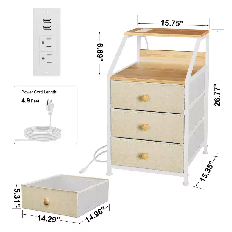 2 Shelf 3 Drawer Modern Bedroom Nightstand End Table Storage Unit Organizer with Charging Station for Bedroom, Living Room, and Office, Taupe