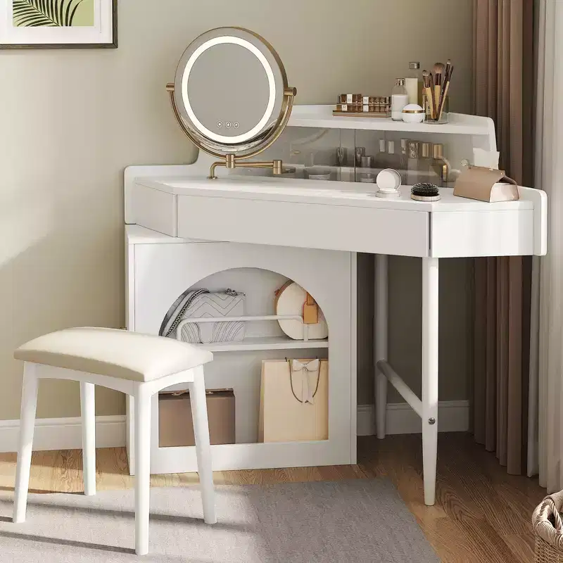 Okak Modern Makeup Vanity with Folding Mirror and Stool, Corner Vanity with Large Storage, Small Vanity Desk for Living Room, Dressing Room, White
