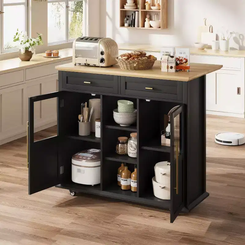 41'' Mobile Farmhouse Kitchen Island with Drop Leaf, Glass Door Cabinets, Open Shelves, 2 Drawers, Towel Bar, Black/Wood