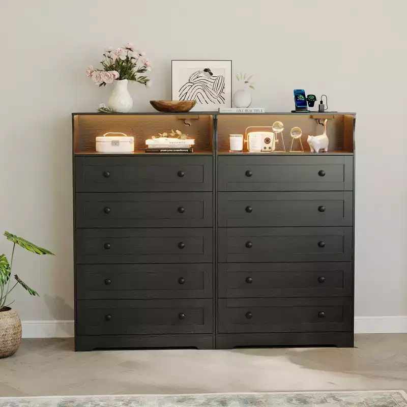 5-Drawer Tall Dresser with Display Shelf, Modern Wood Storage Cabinet for Bedroom Closet Living Room Hallway