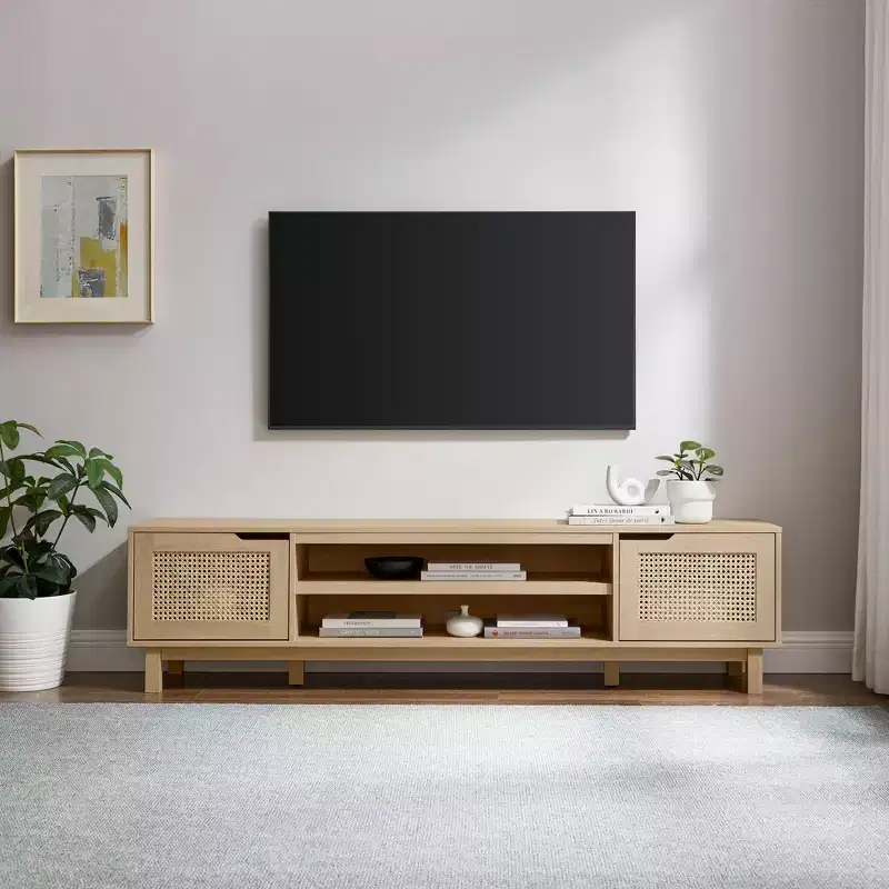 Modern Boho Storage TV Stand with Rattan Doors for TVs up to 80, Coastal Oak